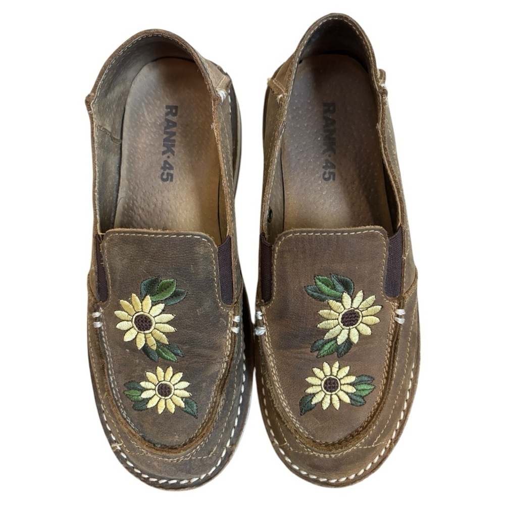 Rank 45 Sunflower Embroidered Tan Nubuck
Leather Moc Toe Slip-on Loafers Sz 6.5